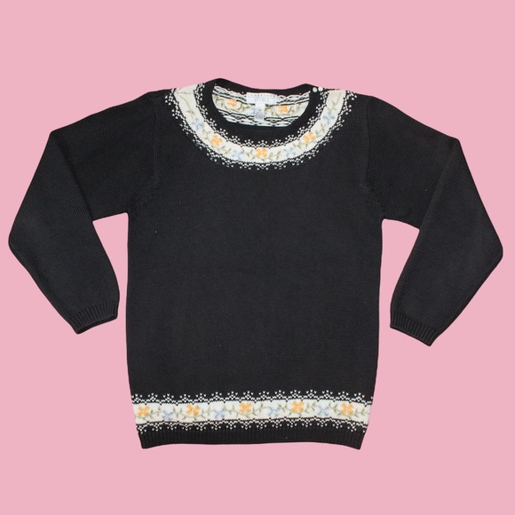 VTG 90s Black/Cream Floral Embroidered Knit Crew Neck Sweater - Medium - Picture 12 of 12